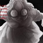 creepy ghost stares at you with big eyes red text dialog