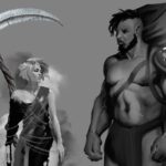 concept art black and white big bearded man and small woman with scythe